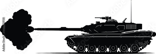 Flat vector illustration of modern battle tank silhouette firing cannon with smoke cloud, military armored vehicle design, warfare technology, combat action