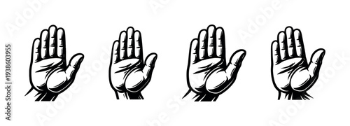Black and white vector illustration of four raised hands silhouettes