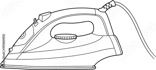 Flat vector illustration of household electric steam iron with handle, pointed tip, water reservoir, control dial, power cord, appliance design