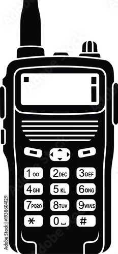 Flat vector illustration of handheld walkie talkie silhouette with antenna, keypad, communication device design, security emergency radio equipment art