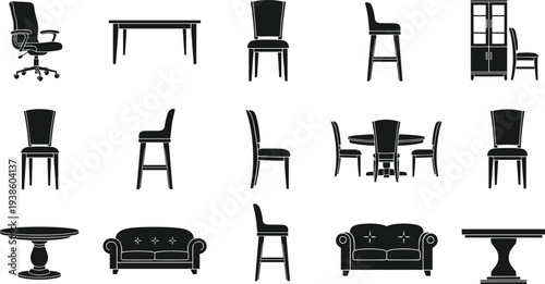 Flat vector illustration of furniture silhouettes including chairs, tables, sofas, and cabinet, interior design icon, modern home decor artwork
