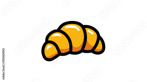 A cartoon-style illustration of a golden croissant with glossy highlights, set against a white backdrop