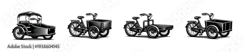 Set of vintage bicycle rickshaw and cargo bikes black and white vector illustrations