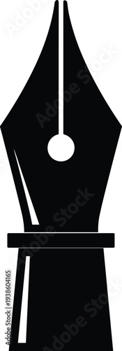 Flat vector illustration of fountain pen nib silhouette with breather hole, vertical slit, pointed tip, writing creativity communication artistic design