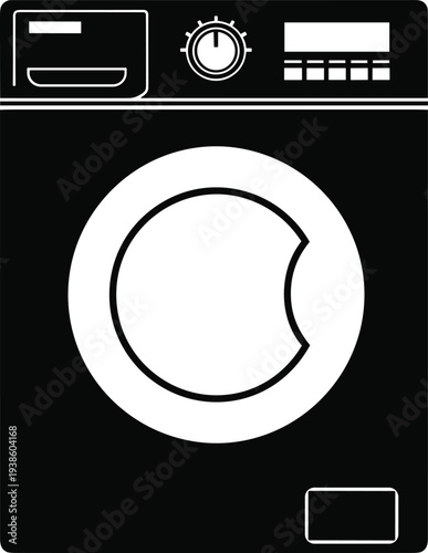 Flat vector illustration of front loading washing machine icon with circular door, detergent drawer, control panel, household appliance, laundry equipment design