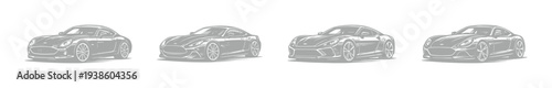 Set of four silhouette sports cars vector illustration in black and white