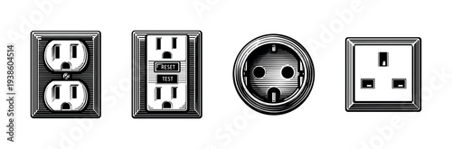 Set of vintage style electrical outlets and plugs illustrations in black and white