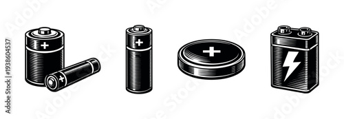 Vector illustration of various battery types in black and white silhouette style