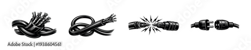 Black and white vector illustration of electrical cables and connectors set