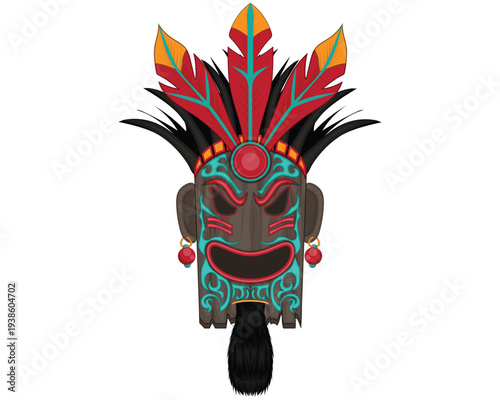 vector design of a mask in a culture or tradition similar to the tiki tribe made of wood with several ornaments and carvings and three feathers on the top consisting of red, yellow, black and light bl