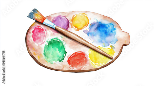 Vibrant watercolor palette with brush on white background