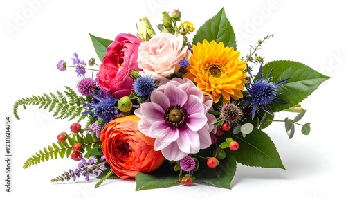 Vibrant bouquet of flowers with many colors and textures against a bright white background