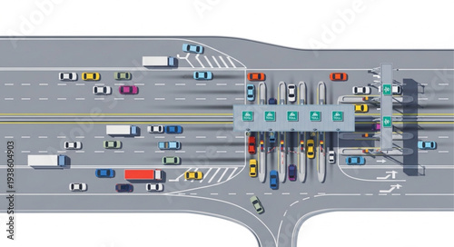 Aerial View of a Busy Highway Toll Booth with Traffic Flow.