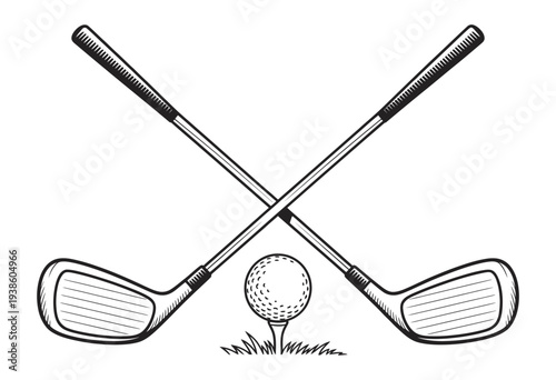 Crossed Golf Clubs And Ball Tee Silhouette Icon, vector illustration of golf gear, isolated sports symbol for recreation and game projects