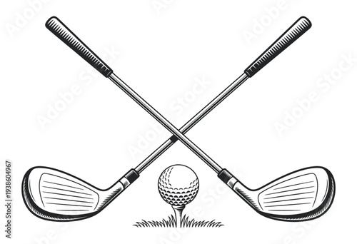 Crossed Golf Clubs And Ball Tee Silhouette Icon, vector graphic of golfing equipment, sports icon isolated on white background design