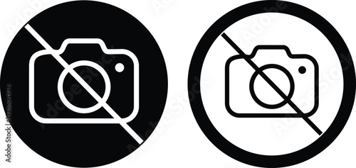 No photography icons set prohibition camera symbol with forbidden photo sign, restricted picture rule pictogram for museum security and public place warning vector illustration collection group