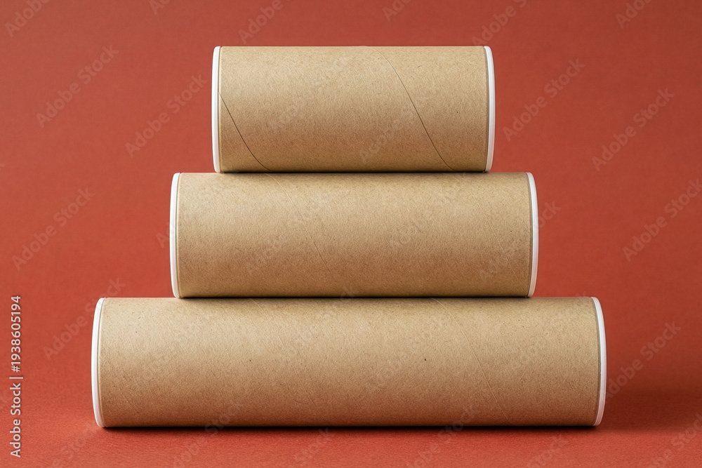Obraz premium Stack of three cardboard tubes on terracotta background