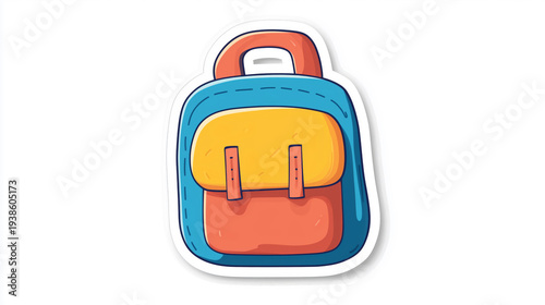 Colorful cartoon backpack sticker with blue, yellow, and orange design