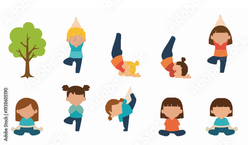 Cute Kids Yoga Pose Collection Funny Children Fitness Exercise Cartoon Vector Set