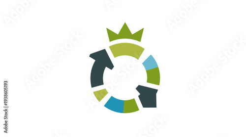 A colorful circular logo featuring a crown atop an arrow-shaped loop divided into segments