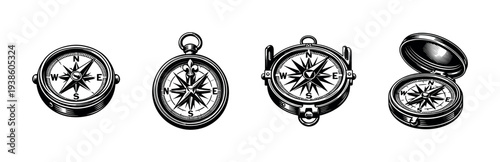 Vintage compass illustration set, black and white vector, nautical elements