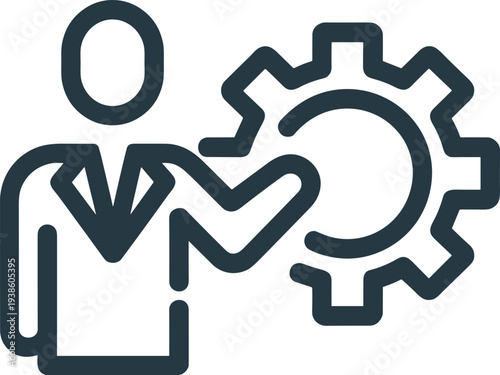 Business management icon, professional figure with gear, operations symbol, process optimization graphic, engineering design, technical support concept, organizational system