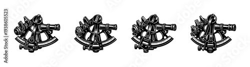 Vector illustration of vintage sextant nautical instrument in black and white silhouette