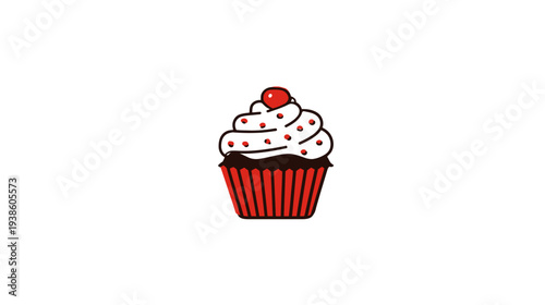 A cartoon cupcake with white frosting, red cherries, and a red and black wrapper, on a white background