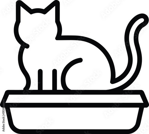 Cat sitting in litter box icon, symbolizing pet care, hygiene, domestic animal, veterinary, cleaning, feline, product branding, home responsibility