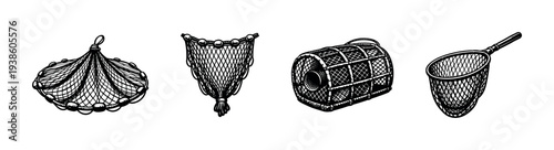 Hand drawn fishing nets and traps collection black and white silhouette illustration set