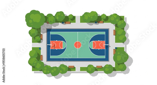 Aerial View of a Basketball Court Surrounded by Trees.