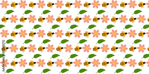 Cute spring nature pattern featuring honey bees, blooming flowers, and green leaves arranged in a decorative repeating background. Perfect for seasonal designs, nature themes, fabric prints, packaging