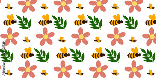 Cute spring nature pattern featuring honey bees, blooming flowers, and green leaves arranged in a decorative repeating background. Perfect for seasonal designs, nature themes, fabric prints, packaging