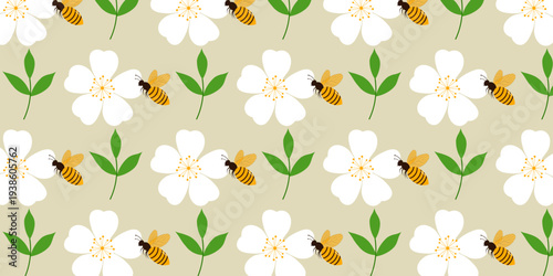 Cute spring nature pattern featuring honey bees, blooming flowers, and green leaves arranged in a decorative repeating background. Perfect for seasonal designs, nature themes, fabric prints, packaging
