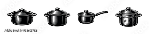 Black and white vector illustration of cooking pots and pans set with vintage design