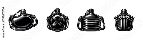 Vintage canteen illustration set in black and white silhouette style