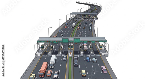Busy highway toll booth with traffic congestion and multiple lanes.