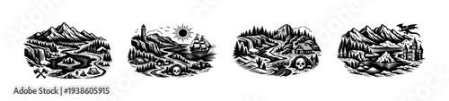 Monochrome fantasy landscape set with mountains and castles, vector silhouette illustration