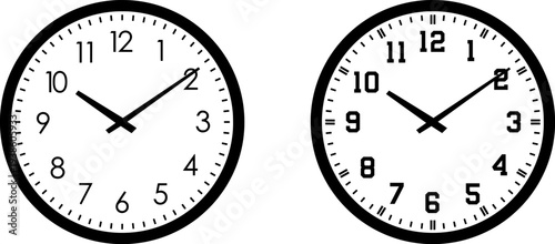 Set of minimalist analog clock faces showing ten past ten time on transparent background with simple and bold numbers for time management and business design concepts