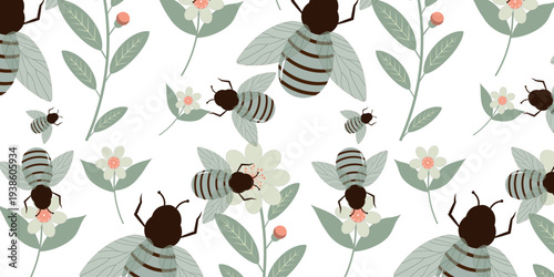 Cute spring nature pattern featuring honey bees, blooming flowers, and green leaves arranged in a decorative repeating background. Perfect for seasonal designs, nature themes, fabric prints, packaging