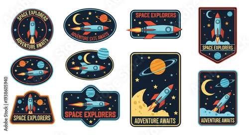 Collection of retro space exploration patches with rockets and planets.