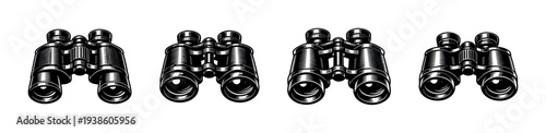 Set of vintage binoculars illustrations in black and white silhouette style