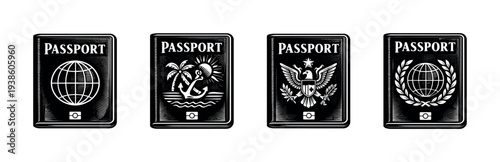 Set of black and white passport illustrations with various designs in vector style
