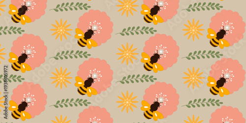 Cute spring nature pattern featuring honey bees, blooming flowers, and green leaves arranged in a decorative repeating background. Perfect for seasonal designs, nature themes, fabric prints, packaging