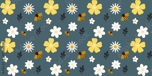 Cute spring nature pattern featuring honey bees, blooming flowers, and green leaves arranged in a decorative repeating background. Perfect for seasonal designs, nature themes, fabric prints, packaging