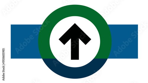 Abstract design featuring a central black upward arrow, enclosed by green and blue geometric elements