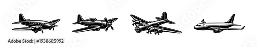 Vintage airplane silhouette set, black and white vector illustrations of aircraft