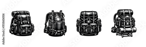 Vector illustration of four detailed camping backpacks in black and white silhouette style