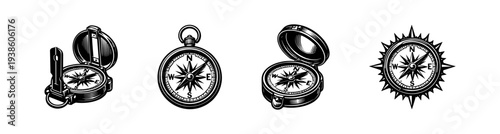 Vintage compass collection illustration, set of four black and white nautical vector designs
