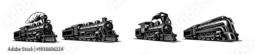 Vintage steam train illustrations set black and white locomotive silhouettes